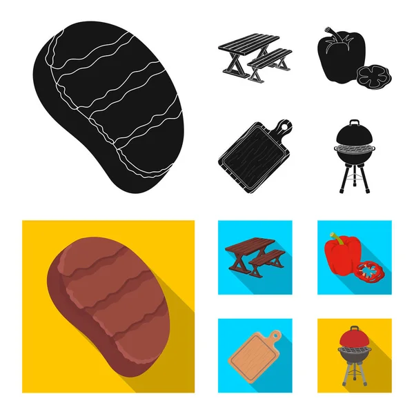 Filete frito, mesa con un banco para la relajación, pimiento dulce, tabla de corte.BBQ conjunto colección iconos en negro, plano estilo vector símbolo stock ilustración web  . — Vector de stock