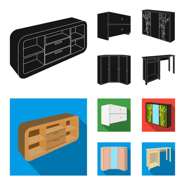 가슴의 서랍 옷장 거울, 코너 장, 흰 가슴 블랙, 플랫 스타일 벡터 기호 재고 일러스트 웹에서 침실 가구 설정 컬렉션 아이콘. — 스톡 벡터