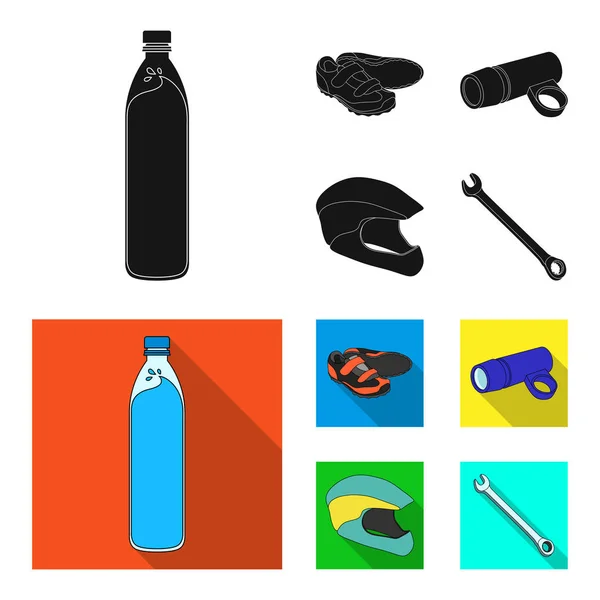 A bottle of water, sneakers, a flashlight for a bicycle, a protective helmet.Cyclist outfit set collection icons in black, flat style vector symbol stock illustration web. — Stock Vector