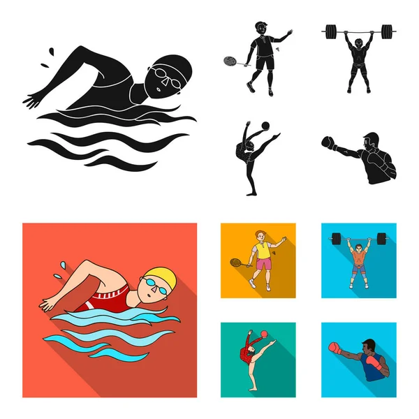 Schwimmen, Badminton, Gewichtheben, Kunstturnen. Olympische Sport Set Sammlung Symbole in schwarz, flachen Stil Vektor Symbol Stock Illustration Web. — Stockvektor
