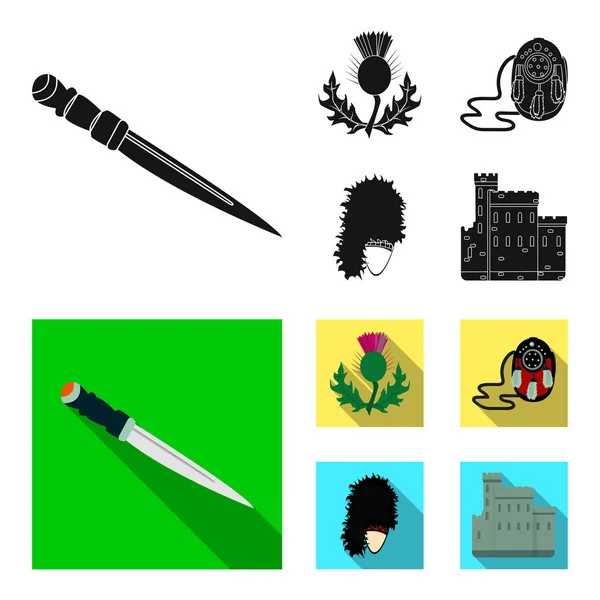 Daga Dirk Nacional, Cardo Símbolo Nacional, Sporran, glengarry.Scotland conjunto colección iconos en negro, plano estilo vector símbolo stock illustration web . — Vector de stock