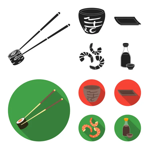 Sticks, Garnelen, Substrat, bowl.sushi set collection icons in black, flat style vektor symbol stock illustration web. — Stockvektor