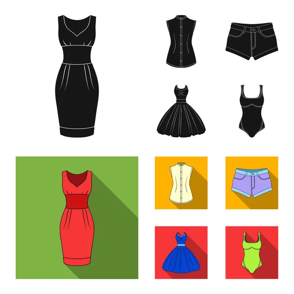 女性の服の黒、フラット デザインのセットのコレクションのアイコンです。衣類の種類やアクセサリー ベクトル シンボル ストック web イラスト. — ストックベクタ