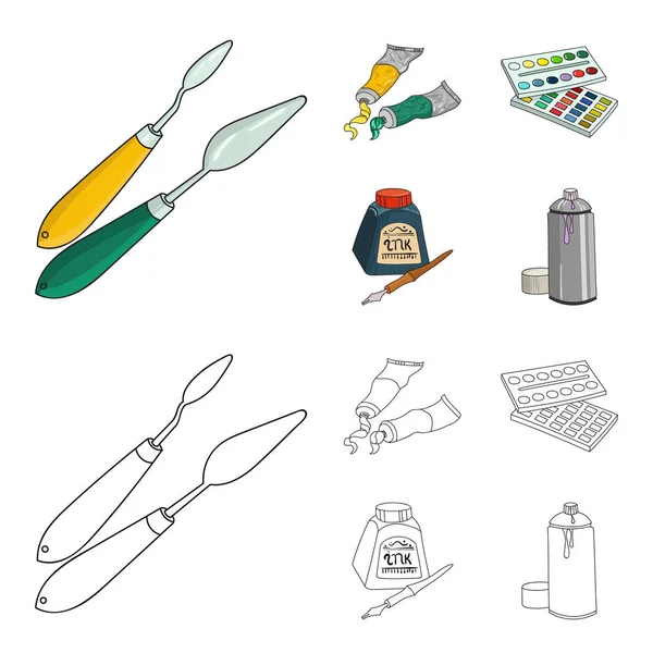 Peintures Balonchik, tubes avec peinture, aquarelle dans une boîte, encre dans une bouteille et un stylo. Artiste et dessin ensemble icônes de la collection en dessin animé, contour style vectoriel symbole illustration web . — Image vectorielle