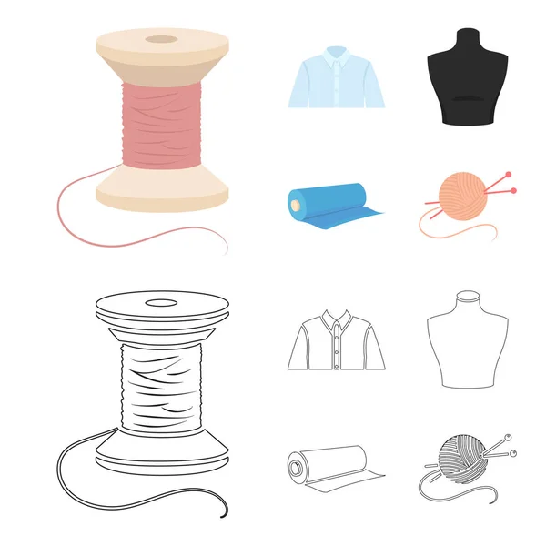 Uma camisa de homem, um manequim, um rolo de tecido, uma bola de fios e agulhas de tricô. Atelier conjunto coleção ícones em desenhos animados, esboço estilo vetor símbolo ilustração web . — Vetor de Stock