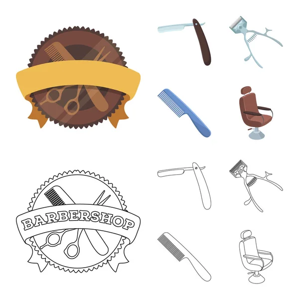 Una maquinilla de afeitar, un cortador de pelo mecánico, un sillón y otros equipos para un peluquero.Iconos de colección conjunto de barbería en dibujos animados, contorno estilo vector símbolo stock ilustración web . — Archivo Imágenes Vectoriales