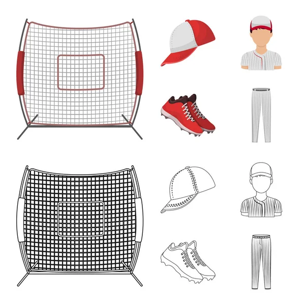 Gorra de béisbol, jugador y otros accesorios. Béisbol conjunto colección iconos en dibujos animados, contorno estilo vector símbolo stock ilustración web . — Vector de stock