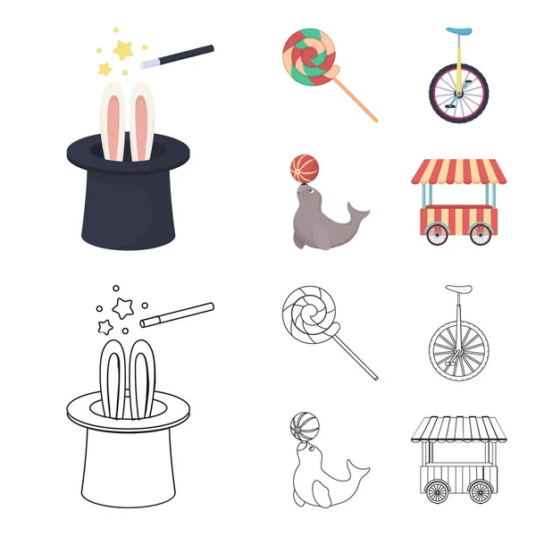 Lollipop, trained seal, snack on wheels, monocycle.Circus set collection icons in cartoon,outline style vector symbol stock illustration web. — Stock Vector