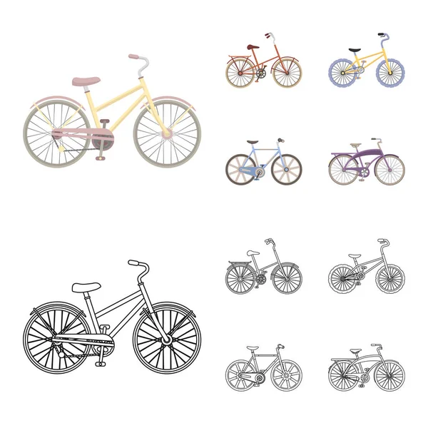 Crianças bicicleta e outros tipos. Diferentes bicicletas definir ícones de coleção em desenhos animados, esboço estilo vetor símbolo estoque ilustração web . —  Vetores de Stock