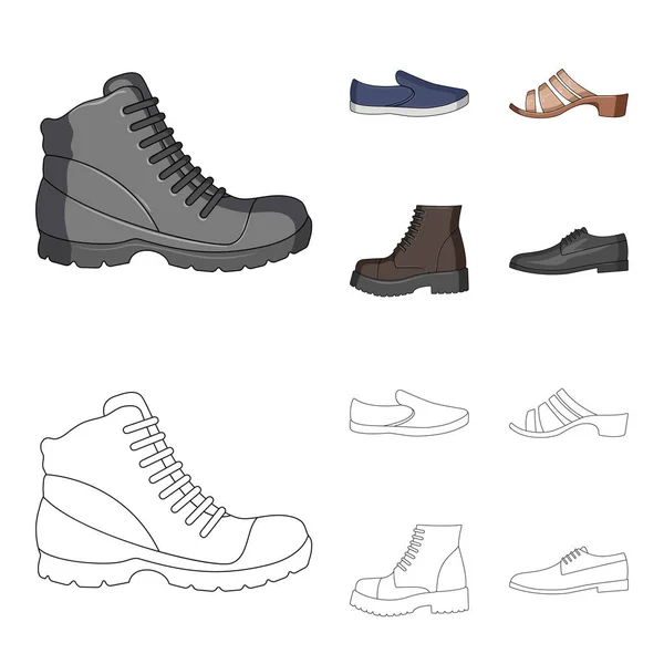 A set of icons on a variety of shoes.Different shoes single icon in cartoon, outline style vector web symbol stock illustration . — стоковый вектор