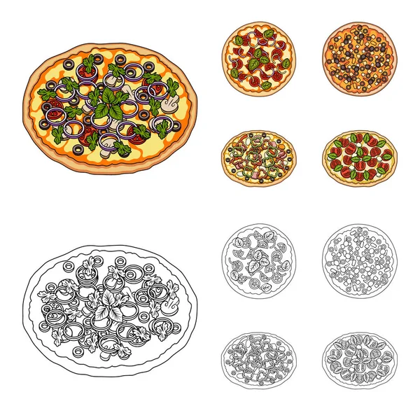 Pizza met vlees, kaas en andere vulling. Verschillende pizza instellen collectie iconen in de tekenfilm, overzicht stijl vector symbool stock illustratie web. — Stockvector