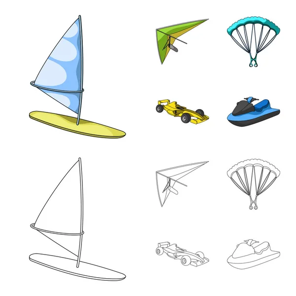Hang glider, parachute, racing car, water scooter.Extreme sport set collection icons in cartoon,outline style vector symbol stock illustration web. — Stock Vector