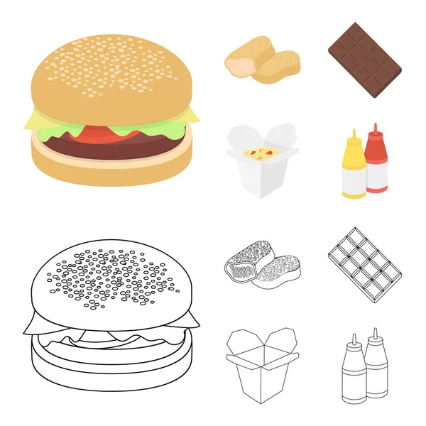 Chocolade, noedels, nuggets, saus. Fastfood instellen collectie iconen in de tekenfilm, overzicht stijl vector symbool stock illustratie web. — Stockvector