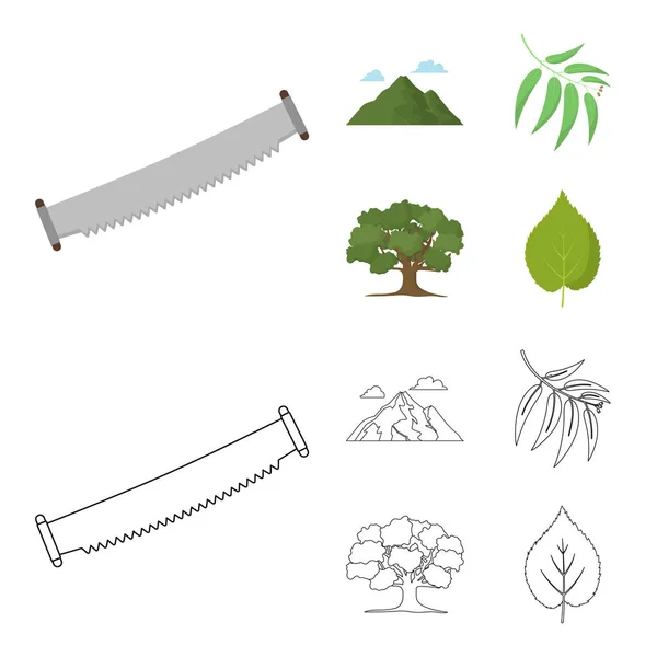 Βουνό, σύννεφο, δέντρο, κλαδί, φύλλο. Δάσος συλλογή εικόνες που σε σκίτσο, περίγραμμα στυλ διάνυσμα σύμβολο μετοχής εικονογράφηση web. — Διανυσματικό Αρχείο
