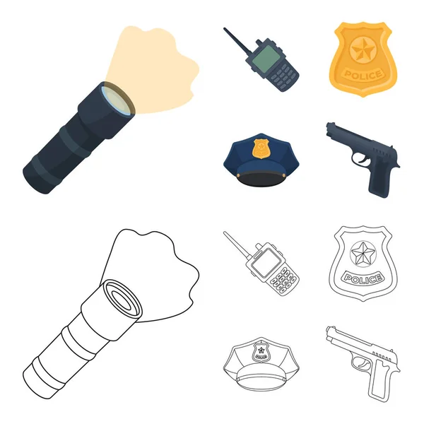 Rádió, rendőr jelvény, egységes sapka, pisztoly. Rendőrség készlet ikonok gyűjtemény rajzfilm, vázlat stílusú vektor szimbólum stock illusztráció web. — Stock Vector
