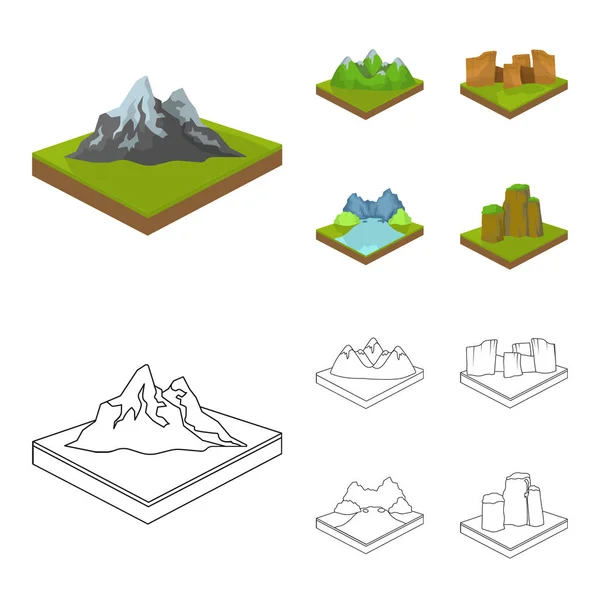 Montañas, rocas y paisaje. Relieve y montañas establecen iconos de colección en dibujos animados, contorno estilo isométrico vector símbolo stock ilustración web . — Vector de stock