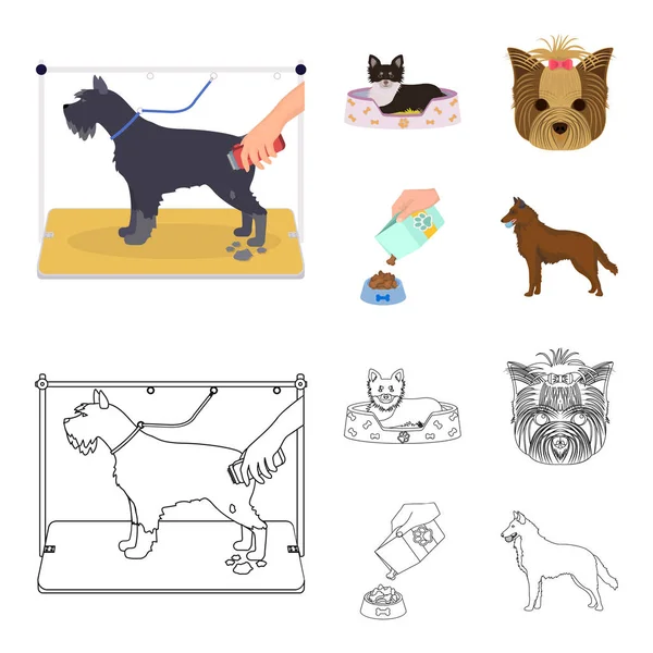 Bir tembel, bir namlu bir hayvan, bir besleme ile bir kase, çoban köpeği dişlerini bir top ile bir köpek. Evcil Hayvan, köpek bakım toplama simgeler çizgi film, anahat stili vektör simge stok çizim web ayarla.
