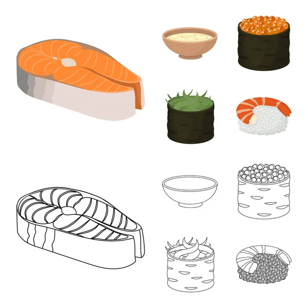 Schüssel Suppe, Kaviar, Garnelen mit Reis. Sushi Set Sammlung Symbole in Cartoon, umreißen Stil Vektor Symbol Stock Illustration Web. — Stockvektor