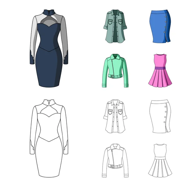 Жіночий одяг мультфільм, контурні піктограми в наборі для дизайну. Одяг Різновиди та аксесуари Векторний символ стоковий веб-ілюстрація . — стоковий вектор