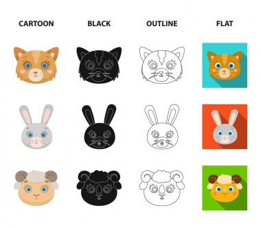 Kedi, tavşan, tilki, koyun. Hayvan namlu koleksiyonu Icons set çizgi film, siyah, anahat, düz stil vektör simge stok çizim web.
