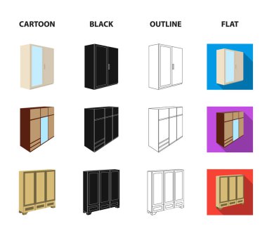 İle mezzanines ile raf ayna, dolap, dolap. Yatak Odası Mobilya koleksiyonu Icons set çizgi film, siyah, anahat, düz stil vektör simge stok çizim web.