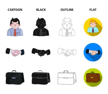 İşadamı, el sıkışma, Portföy, anlaşma. İş-konferans ve müzakerelerin koleksiyonu Icons set çizgi film, siyah, anahat, düz stil vektör simge stok çizim web.