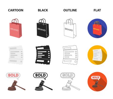 Çanta ve kağıt, onay, hesaplama ve diğer ekipmanlar. E ticaret koleksiyonu Icons set çizgi film, siyah, anahat, düz stil vektör simge stok çizim web.