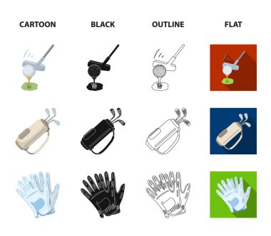 Bir golf kulübü, sopa, eldiven, bir golf sahası ile çanta topla. Golf club koleksiyonu Icons set çizgi film, siyah, anahat, düz stil vektör simge stok çizim web.