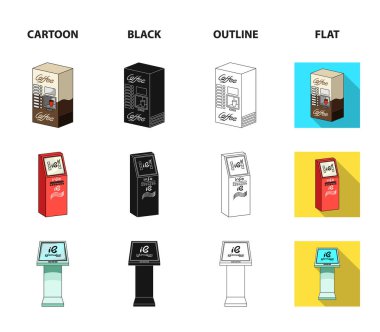 Kahve makinesi, Atm, bilgi terminal. Terminalleri koleksiyonu Icons set çizgi film, siyah, anahat, düz stil izometrik vektör simge stok çizim web .