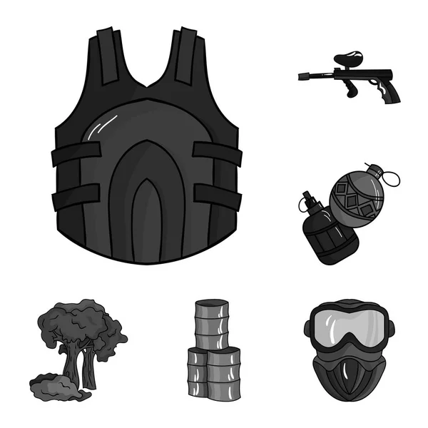 Paintball, iconos monocromáticos del juego de equipo en la colección del sistema para el diseño. Equipo y equipo vector símbolo stock web ilustración . — Vector de stock