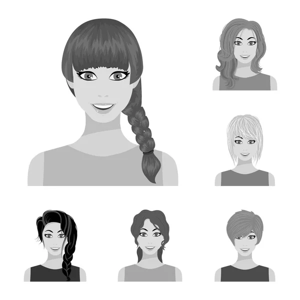 Tipos de peinados femeninos iconos monocromáticos en colección de conjuntos para el diseño. Apariencia de una mujer vector símbolo stock web ilustración . — Vector de stock
