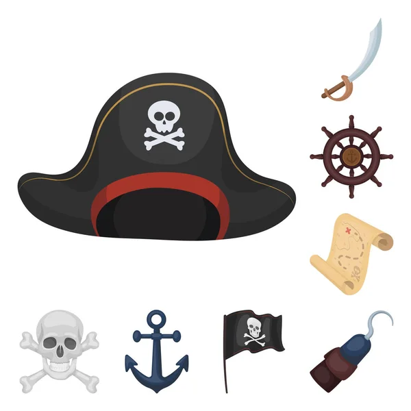 Мультфильм "Пират, морской разбойник" в коллекции дизайнеров. Сокровища, атрибуты векторные символы акции веб-иллюстрация . — стоковый вектор