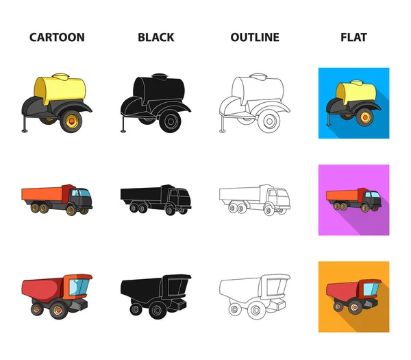 Trailer med en fat-, lastbils- och andra jordbruks-apparater. Jordbruksmaskiner som samling ikoner i tecknad, svart, disposition, platt stil vektor symbol stock illustration web. — Stock vektor