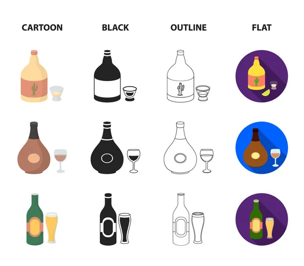 Tequila, conhaque, cerveja, vodka.Alcohol conjunto coleção ícones em desenhos animados, preto, contorno, estilo plano símbolo vetorial web ilustração . — Vetor de Stock