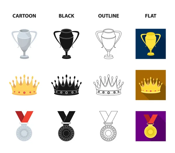 Een zilveren beker, een gouden kroon met diamanten, een medaille van de laureaat, een gouden bord met een rood lint. Awards en trofeeën instellenin collectie iconen tekenfilm, zwart, overzicht, vlakke stijl vector symbool voorraad — Stockvector
