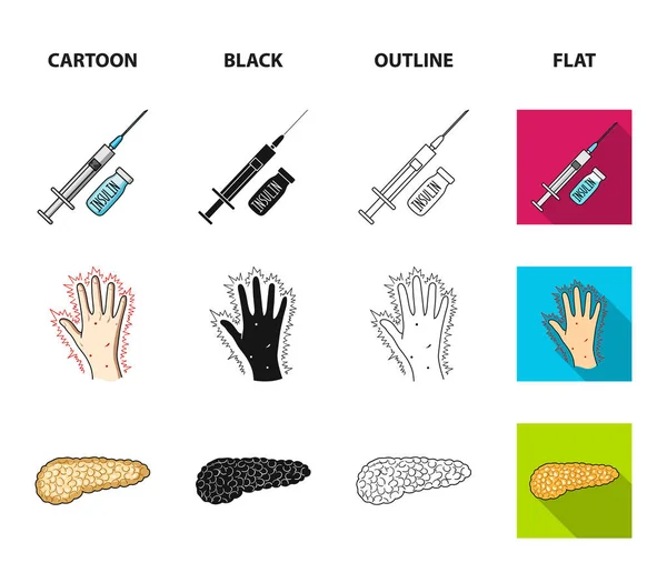 Syringe with insulin, pancreas, glucometer, hand diabetic. Diabet set collection icons in cartoon,black,outline,flat style vector symbol stock illustration web. — Stock Vector