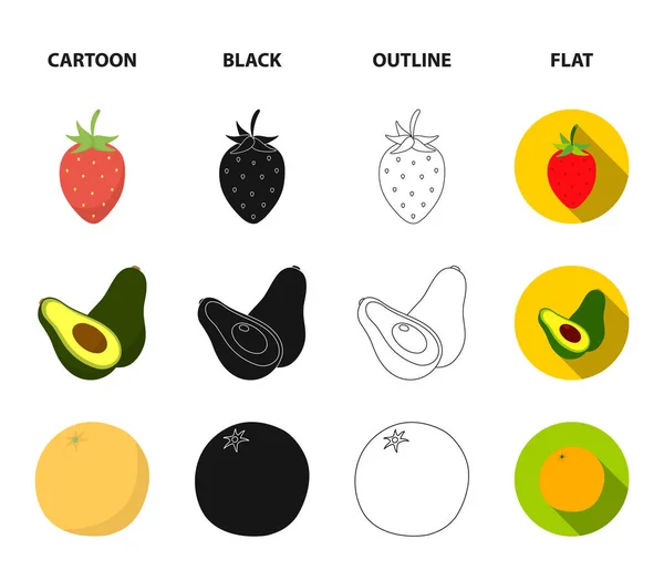 Fragola, bacca, avocado, arancio, melograno set di frutta icone di raccolta in cartone animato, nero, contorno, stile piatto vettore simbolo stock illustrazione web . — Vettoriale Stock