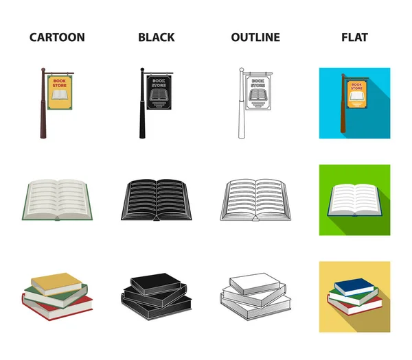 Un cartello, una libreria, una pila di libri, un libro aperto. Una libreria e una libreria set icone di raccolta in cartone animato, nero, contorno, stile piatto vettore simbolo stock illustrazione web . — Vettoriale Stock