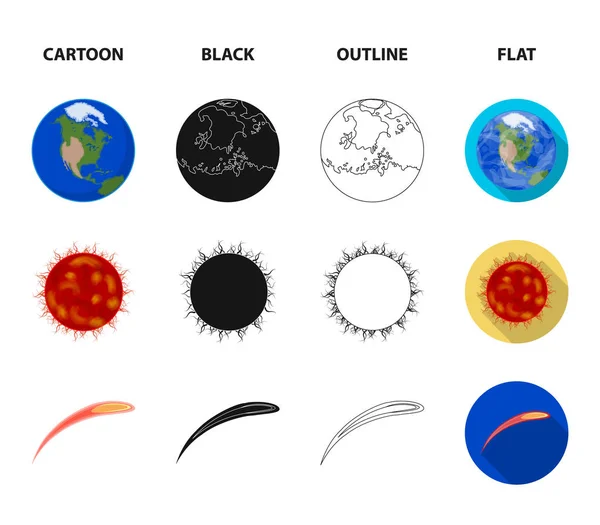 Terre, Jupiter, le Soleil de la Planète du Système Solaire. Astéroïde, météorite. Planètes ensemble collection icônes en dessin animé, noir, contour, plat style vectoriel symbole illustration web . — Image vectorielle