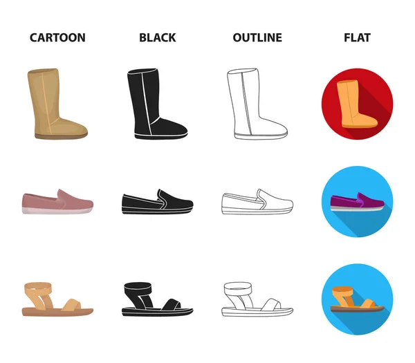 Bottes ugg beige avec fourrure, mocassins marron avec une semelle blanche, sandales avec une attache, baskets blanches et bleues. Chaussures ensemble d'icônes de la collection dans la bande dessinée, noir, contour, plat style vectoriel symbole stock — Image vectorielle