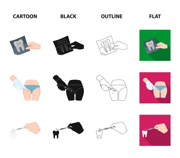 Dent, rayons X, instrument, dentiste et autre icône web en dessin animé, noir, contour, plat style.chirurgien, abcès, icônes scalpel dans la collection set . — Image vectorielle