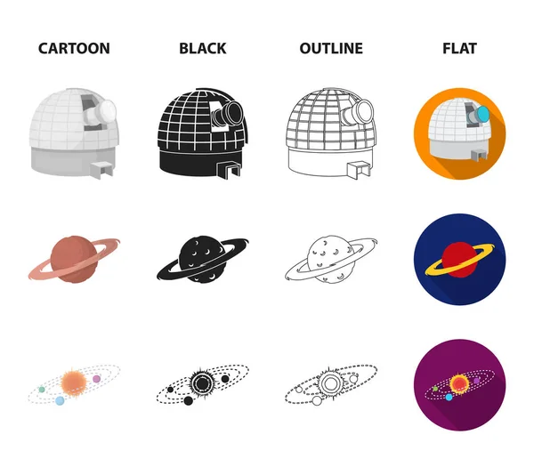 Observatoire avec radiotélescope, planète Mars, Système solaire avec orbites de planètes, télescope sur trépied. Ensemble d'espace icônes de la collection dans la bande dessinée, noir, contour, plat style vectoriel symbole illustration stock — Image vectorielle