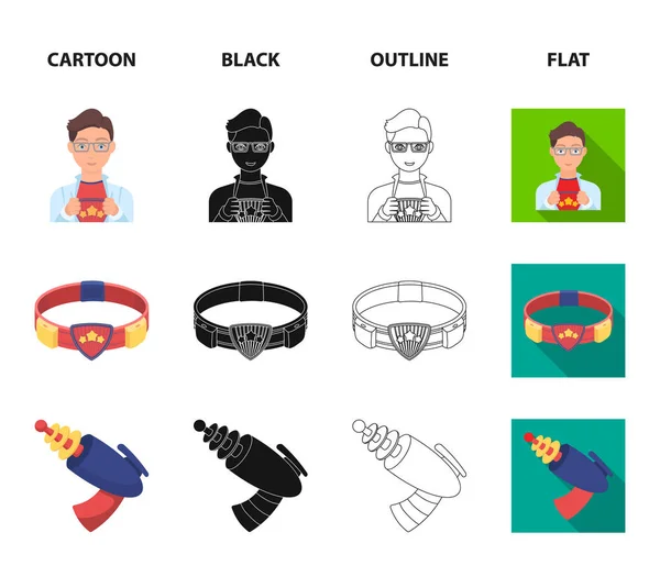 Hombre, joven, gafas, y otro icono de la web en dibujos animados, negro, contorno, estilo plano. Superman, cinturón, iconos de armas en la colección de conjuntos . — Archivo Imágenes Vectoriales