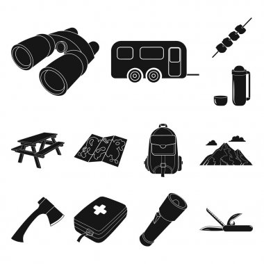 Siyah kamp Icons set koleksiyonu tasarım için bekletin. Kamp ve ekipman sembol stok web illüstrasyon vektör.