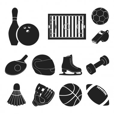 Spor çeşitleri set koleksiyonu tasarım için simgeler siyah. Spor ekipmanları vektör simge stok web çizim.