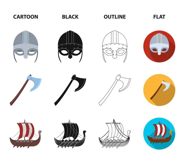 Viking kask, savaş baltası, çaylak Kalkanlar, ejderha, hazine ile kürek üzerinde. Vikingler koleksiyonu Icons set çizgi film, siyah, anahat, düz stil vektör simge stok çizim web. — Stok Vektör