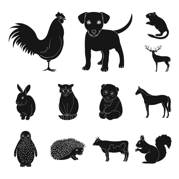Realistyczne zwierząt czarny ikony w kolekcja zestaw do projektowania. Zwierzęta dzikie i domowe symbol web czas ilustracja wektorowa. — Wektor stockowy