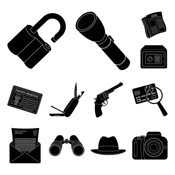 Detective y Atributos iconos negros en la colección de conjuntos para design.Detective Agencia vector símbolo stock web ilustración . — Vector de stock