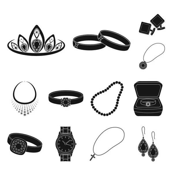 Zwarte pictogrammen in set collectie voor design sieraden en accessoires. Decoratie vectorillustratie symbool voorraad web. — Stockvector