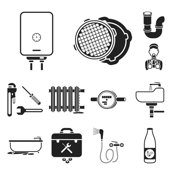 Plomberie, montage icônes noires dans la collection ensemble pour le design. Matériel et outils symbole vectoriel stock illustration web . — Image vectorielle